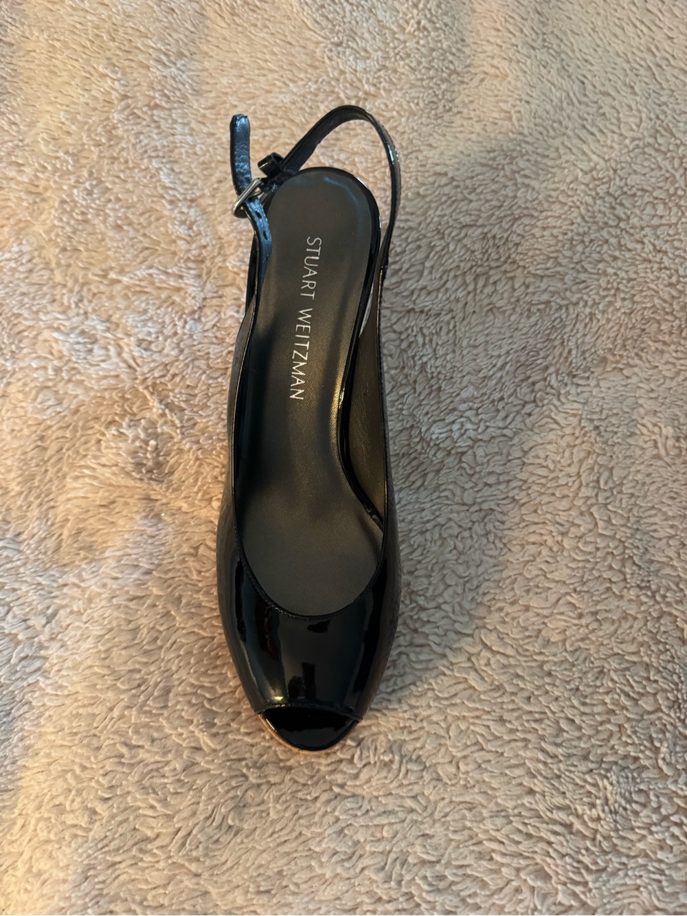 Avenue Black Patent Peep Toe Slingback Wedge